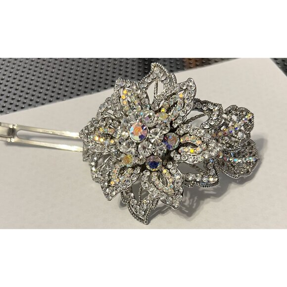 Vtg Aurora Borealis Rhinestone Flower Hair Paris Clip Crystal Filigree Barrette - Picture 4 of 8